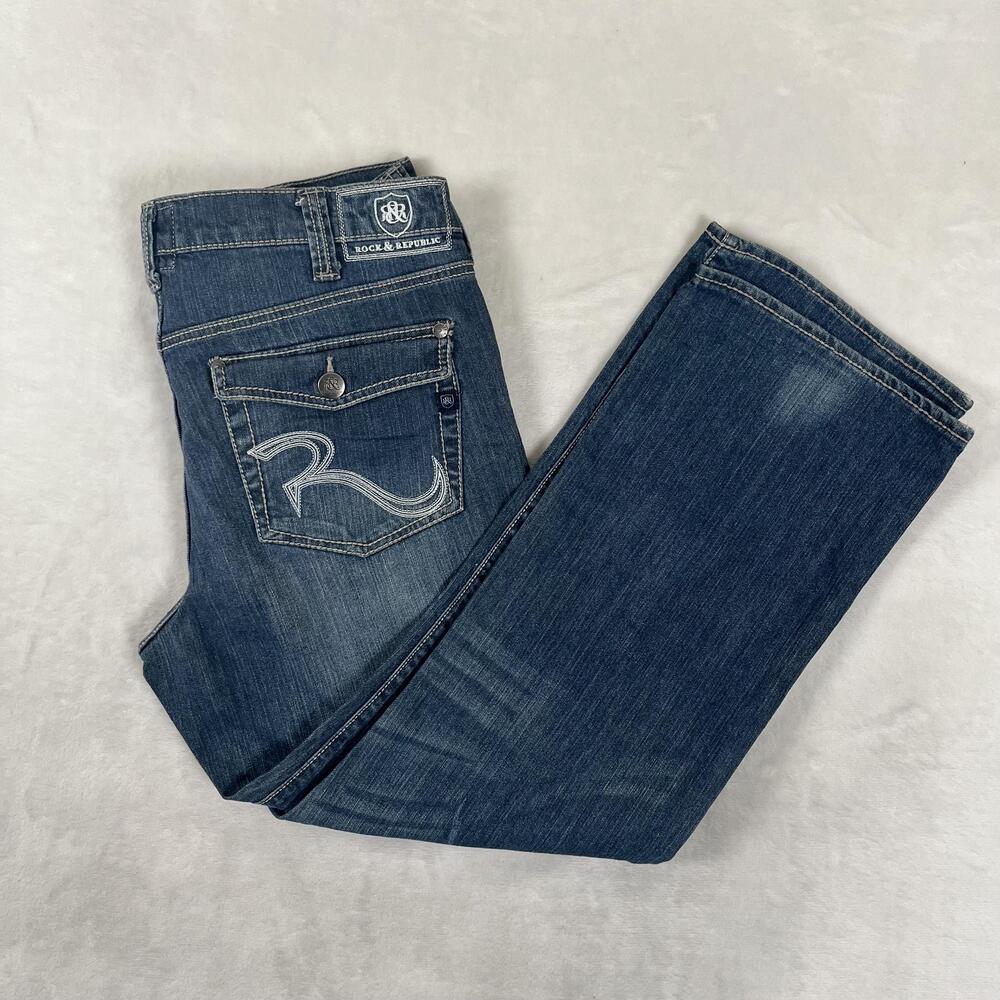 Rock & Republic Rider Jeans Mens 38x30 Blue Straight Stretch Denim Med Wash